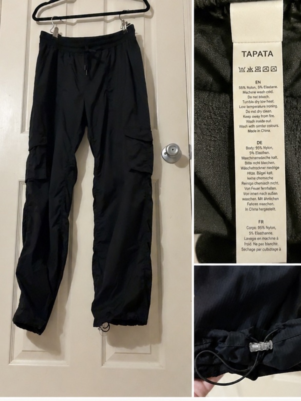 TAPATA
Black Cargo Parachute Pants
Drawstring Bungee Hem
Utility Pants